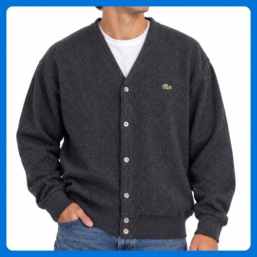Izod Lacoste Cardigan Sweater Men Large Gray Orlon V-Neck Logo Vintage 80s USA
